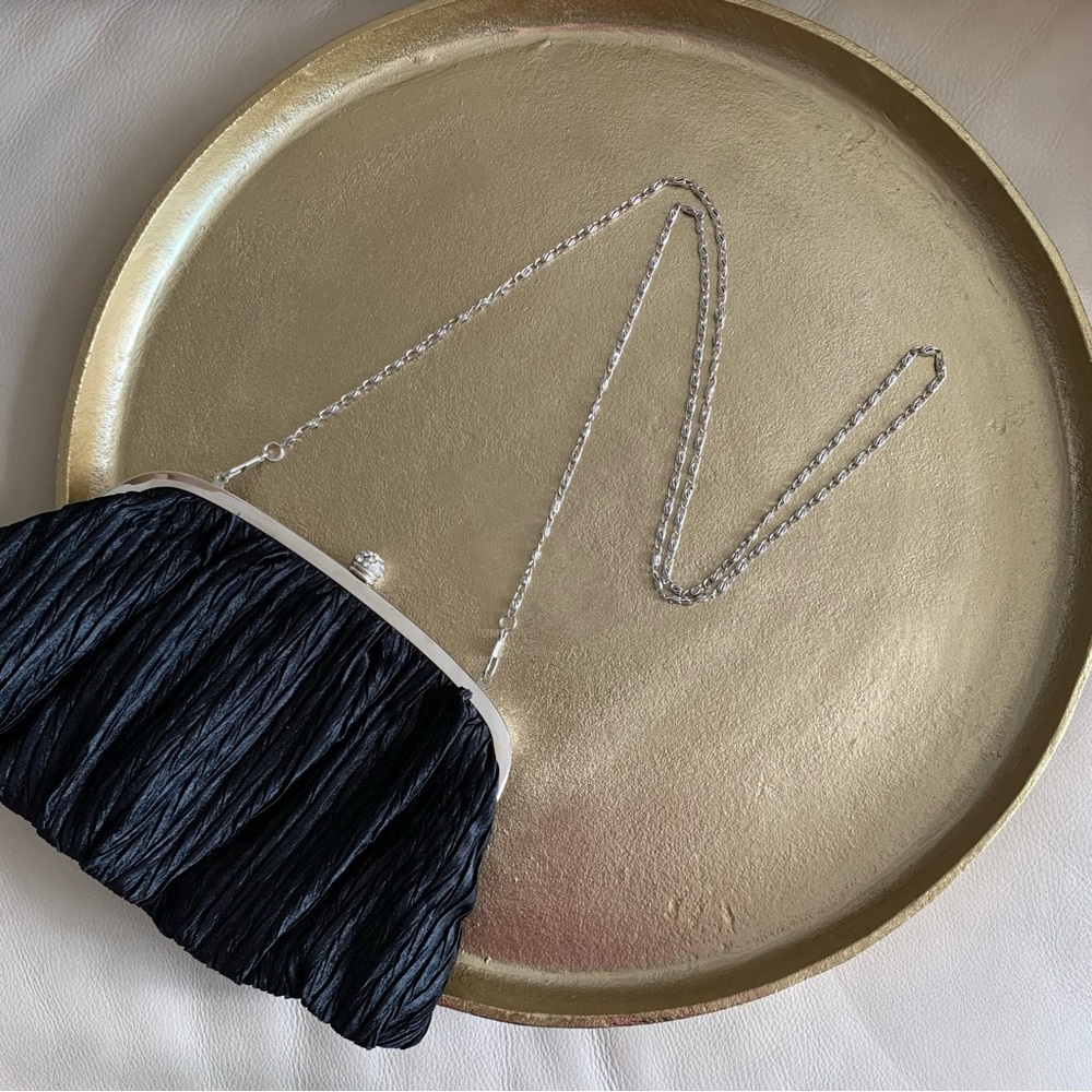 Neiman Marcus Black Satin Evening Clutch Bag Silver Chain Rhinestone Clasp